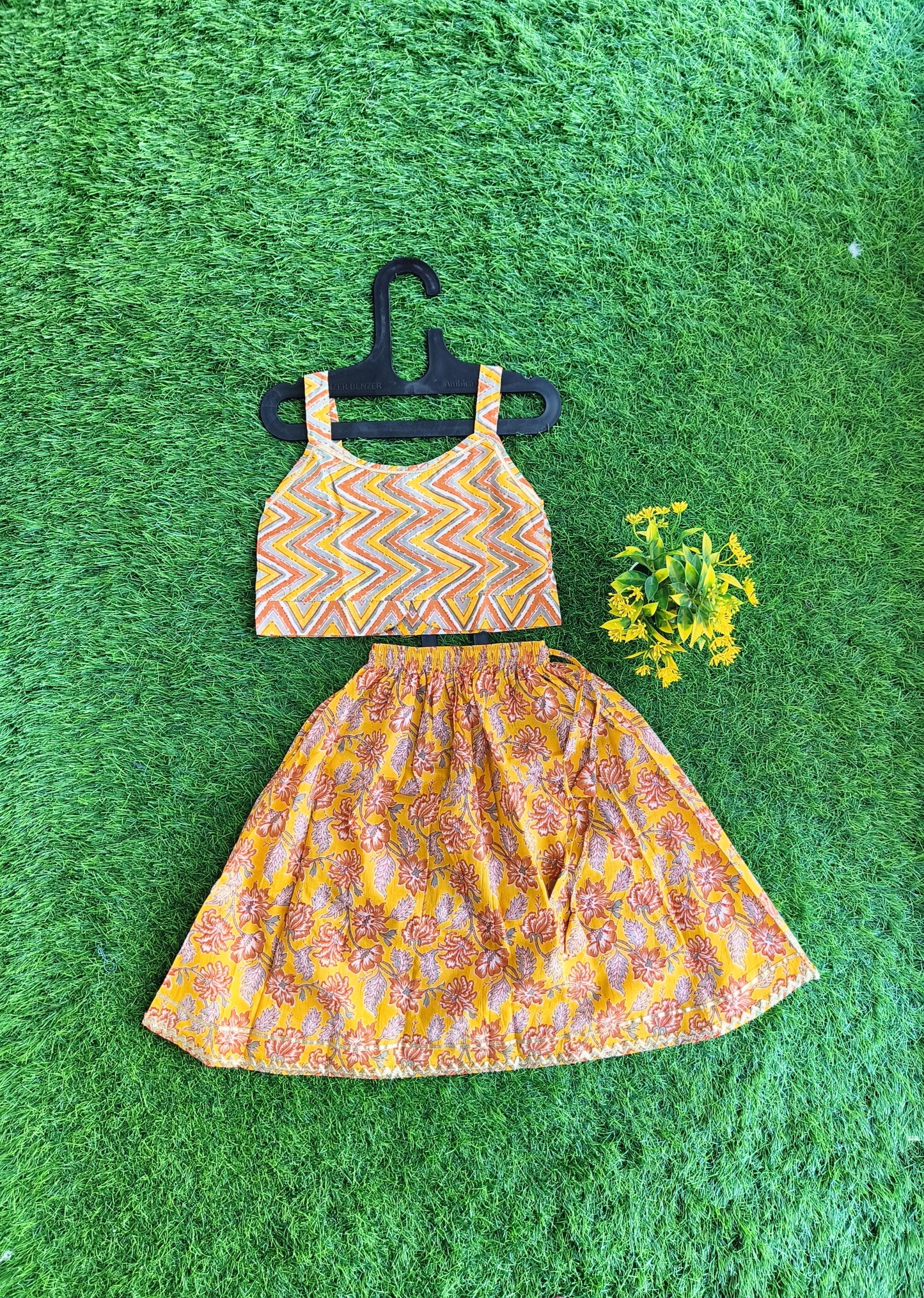 Golden Yellow Linen Kurti and Printed Lehenga Outfit for Girl