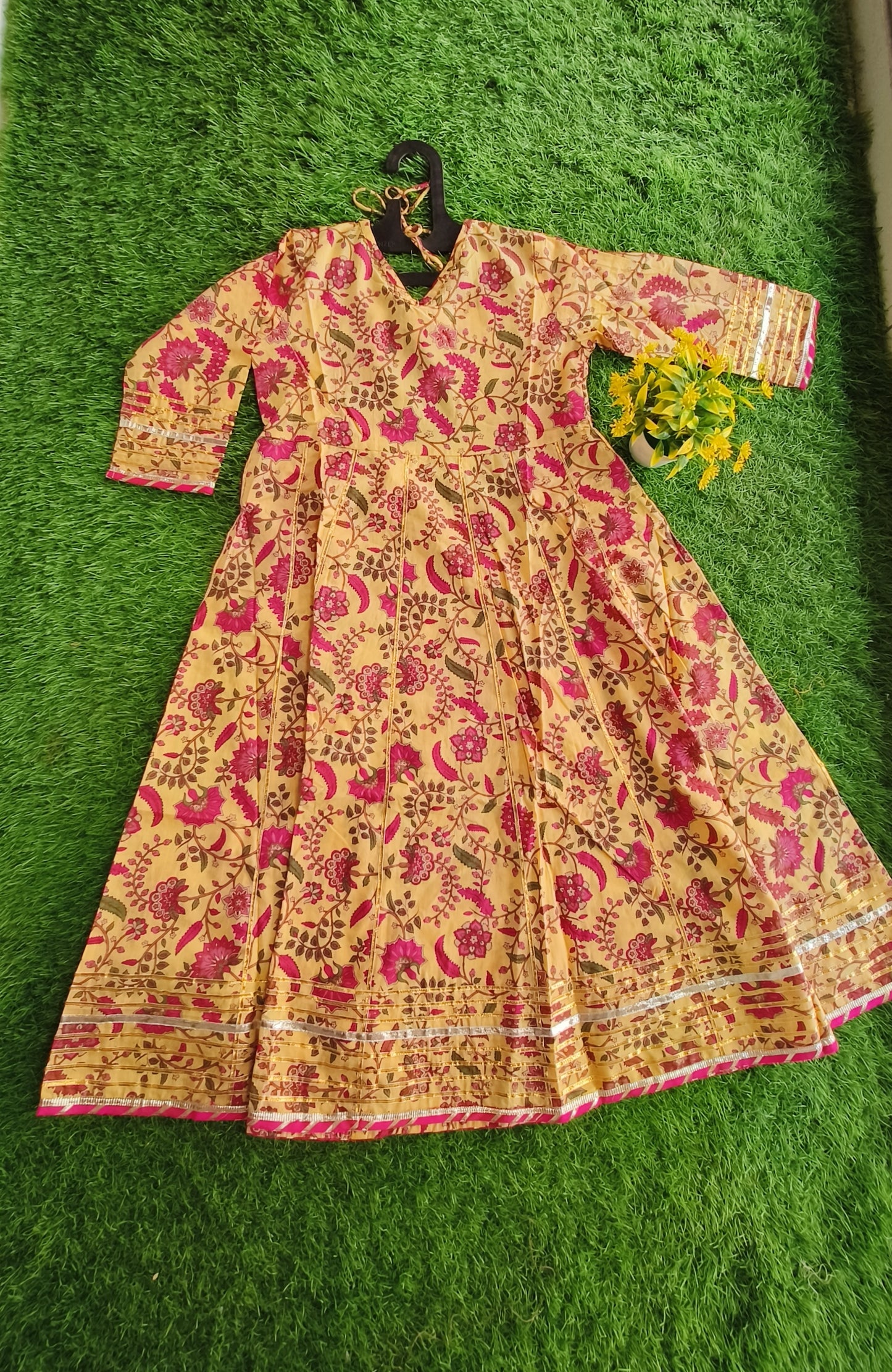Traditional Yellowish Pink  Flowered Printed Cotton Frock Outfit for Girl