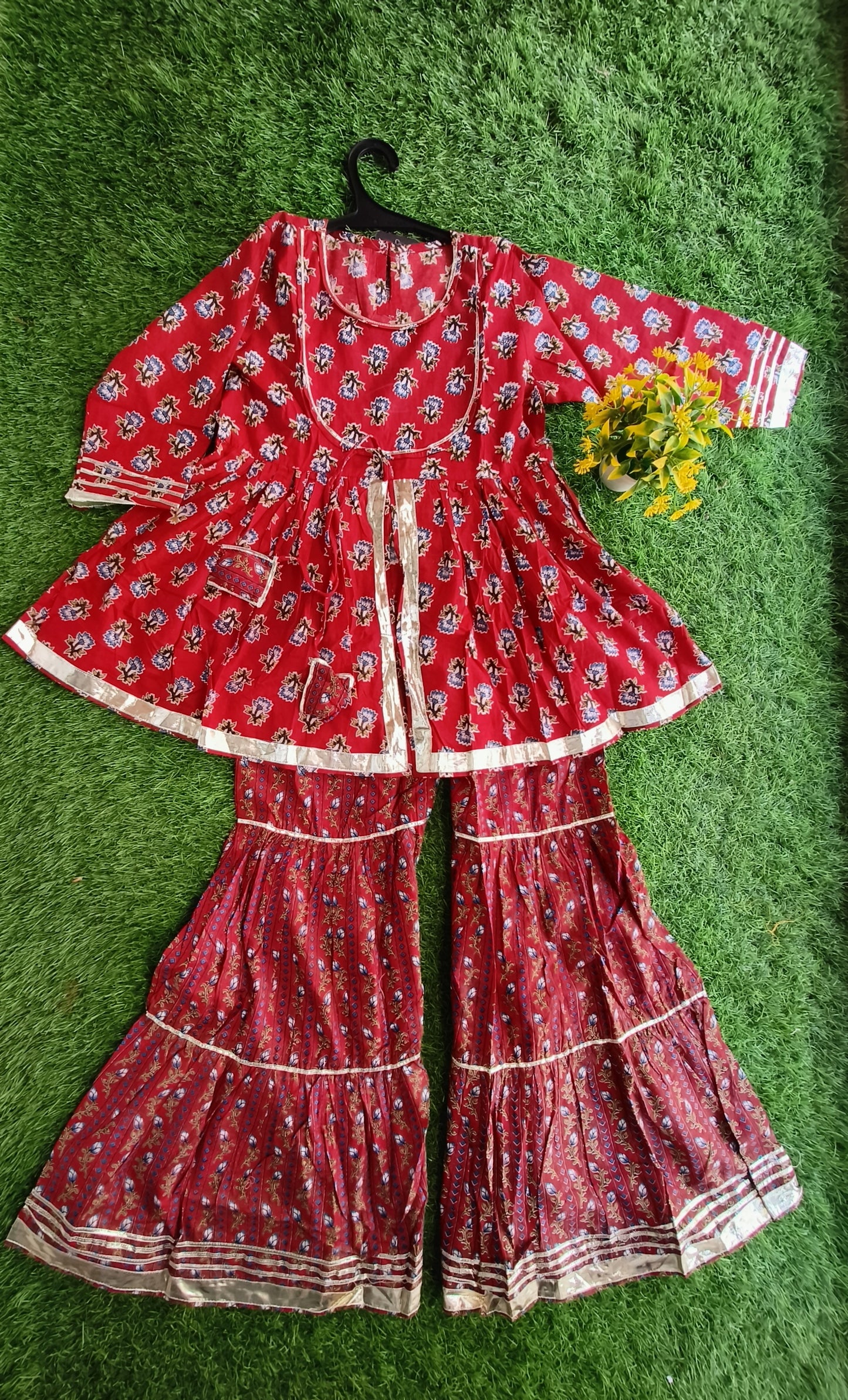 Clobber Rich-Red Printed Cotton Sharara Outfit Set with Dupatta for Girl