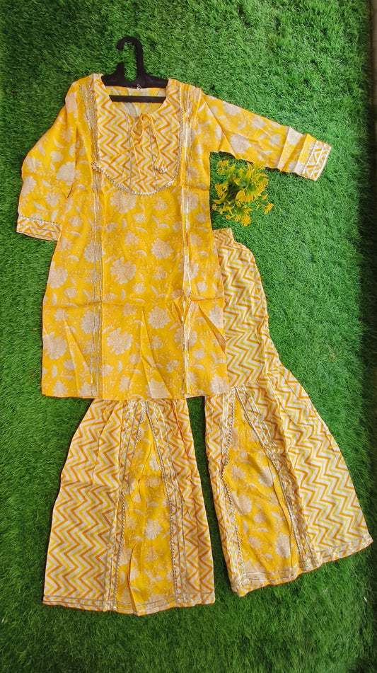 Ensemble Light-Yellow Printed Cotton Sharara Outfit Set with Dupatta for Girl