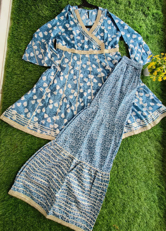 Vesture Glitch-Blue Printed Cotton Sharara Outfit Set for Girl