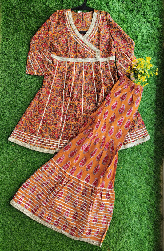 Classic Vesture-Brown Printed Cotton Sharara Outfit Set with Dupatta for Girl