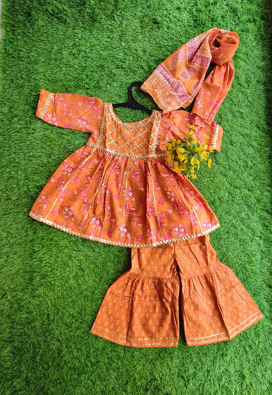 Raiment Irish-Orange Printed Cotton Sharara Outfit Set with Dupatta for Girl