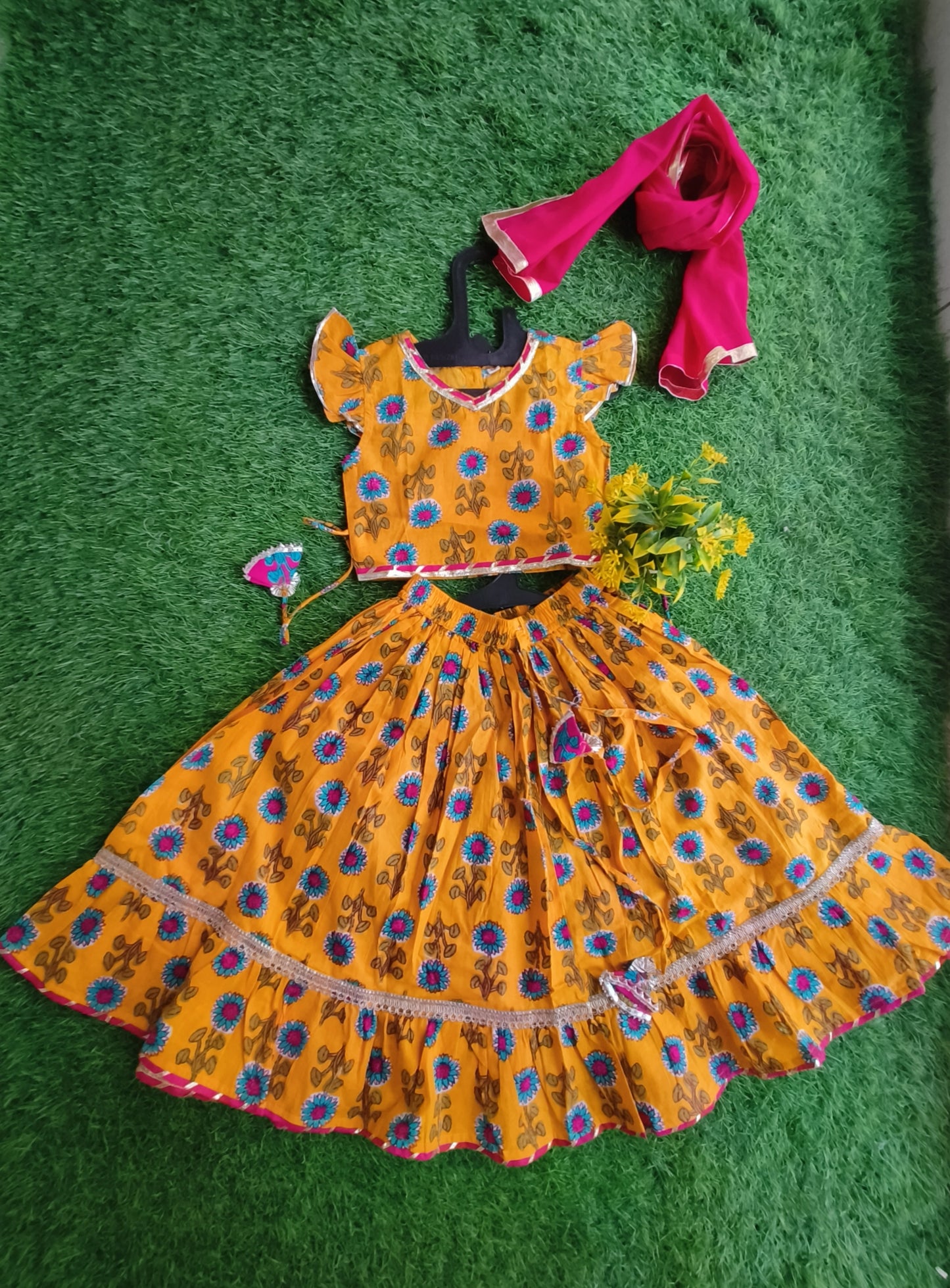 Antique Yellow Flower Printed Kurti and Lehenga Outfit with Pink Dupatta for Girl