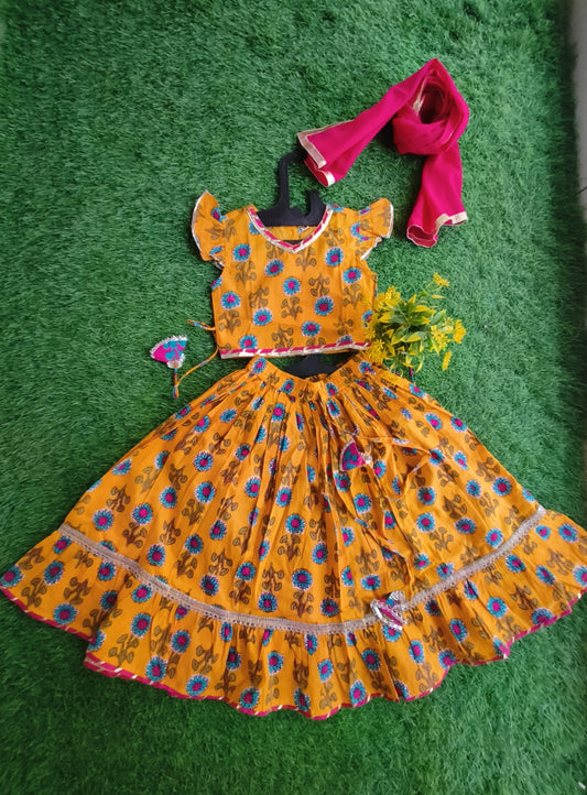 Antique Yellow Flower Printed Kurti and Lehenga Outfit with Pink Dupatta for Girl