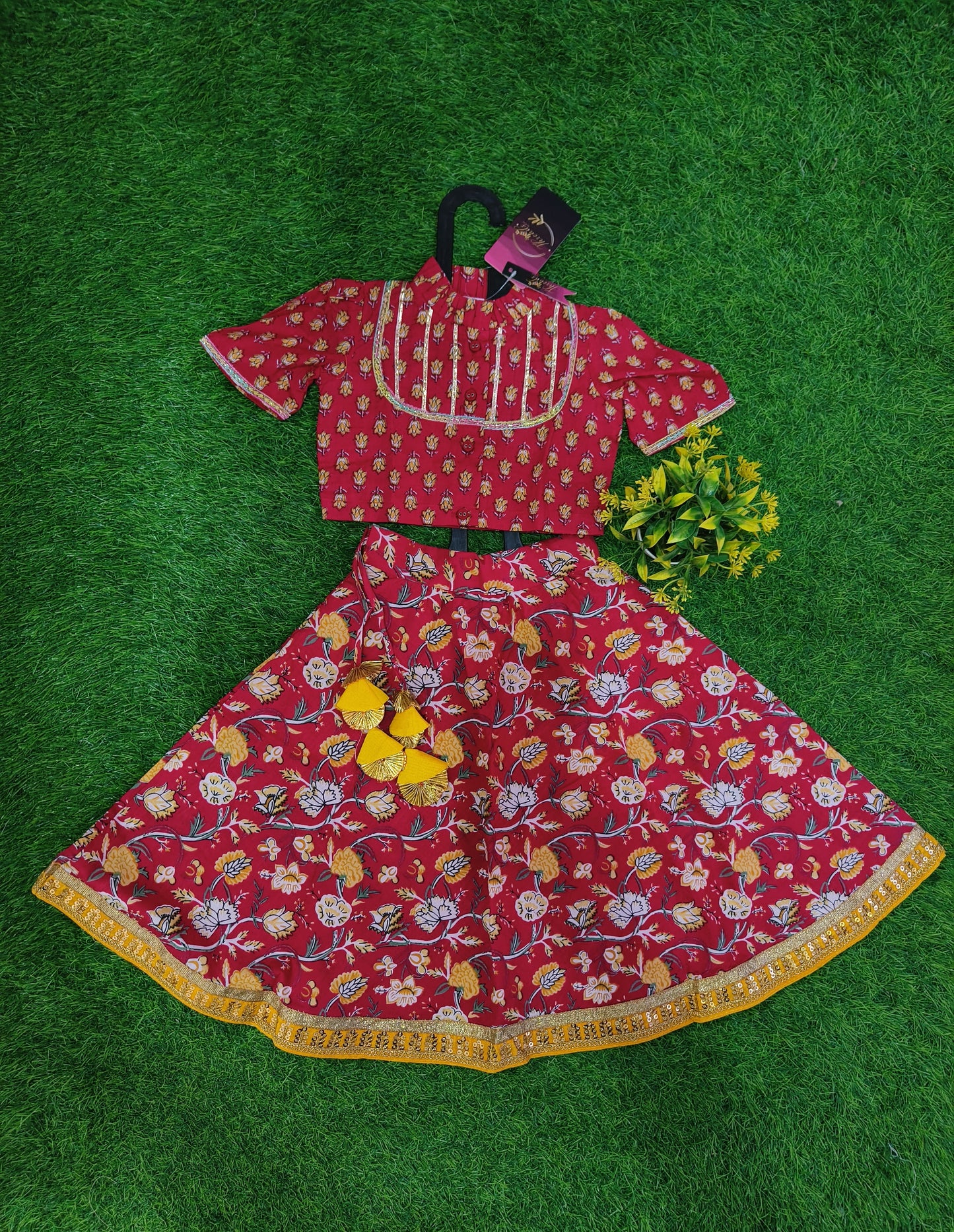 Jaipurian Rani Attire Printed Kurti and Flowered Lehenga Outfit with Dupatta for Girl