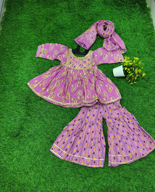 Enrobing Princess-Pink Printed Cotton Sharara Outfit Set with Dupatta for Girl