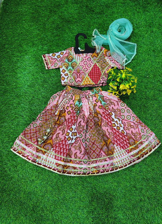 Classic Cultural Theme Printed Kurti and Lehenga Outfit with Dupatta for Girl