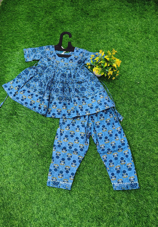 Ocean Seaside Blue Printed Kurti and Linen Pant Outfit for Girl
