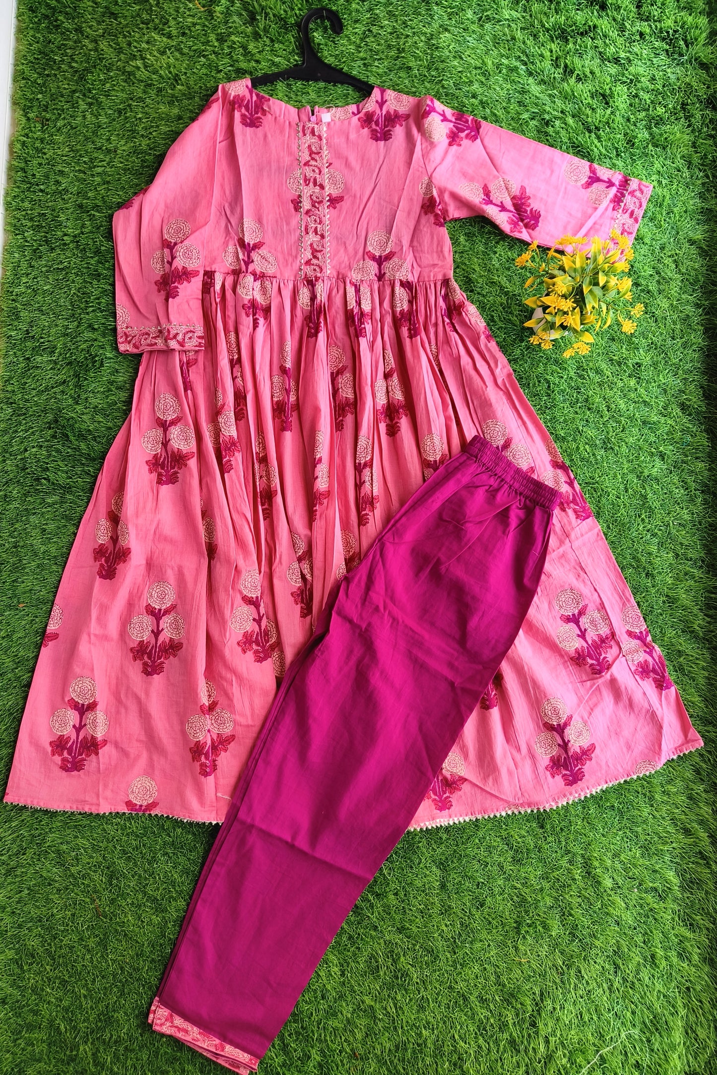 Vintage Baby Pink Printed Kurti and Bold Pink Pant Outfit for Girl