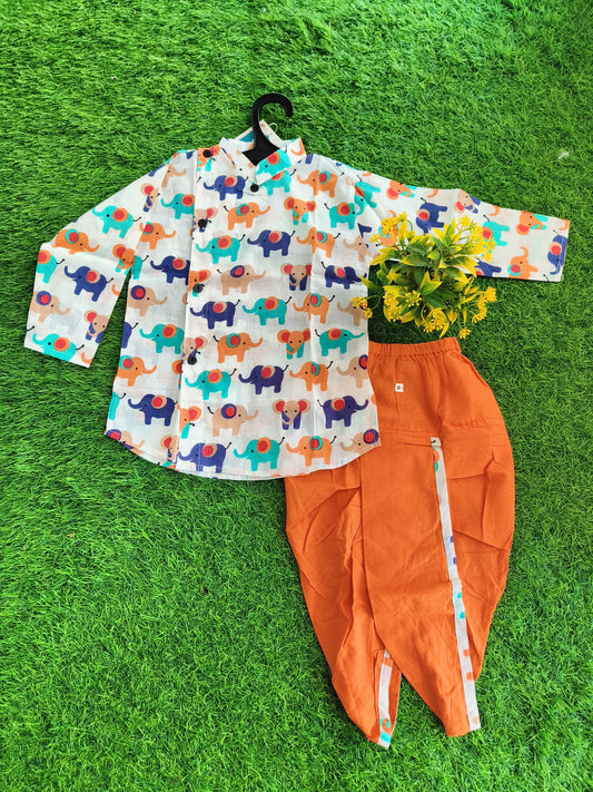 Classic Colorful Elephant Printed Cotton Dhoti Kurta Outfit Set for Boy