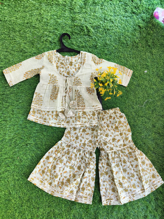 Traditional Golden-Robe Printed Cotton Sharara Outfit Set for Girl