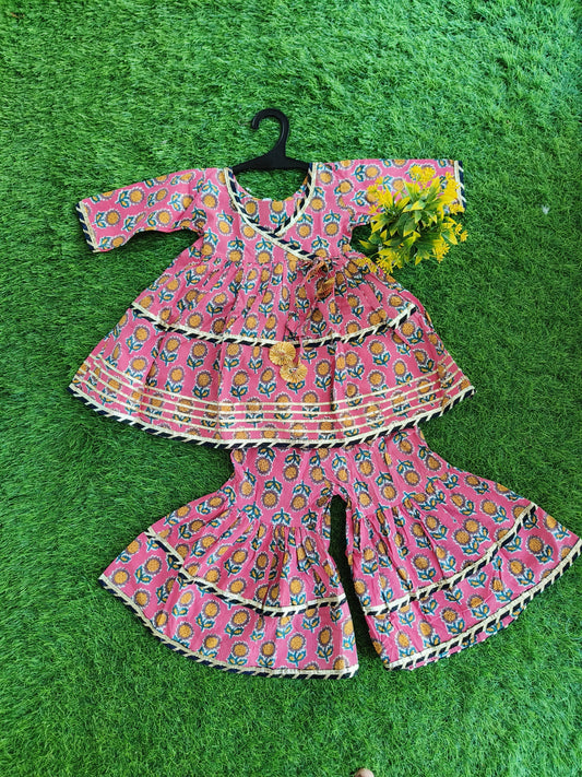 Folk Couture-Pink Printed Cotton Sharara Outfit Set for Girl