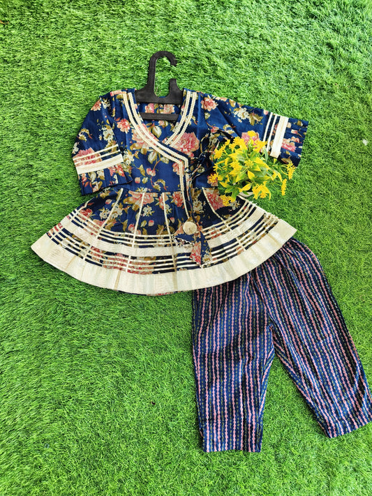 Pretty Navy Blue Theme Printed Kurti and Linen Ink Pant Outfit for Girl