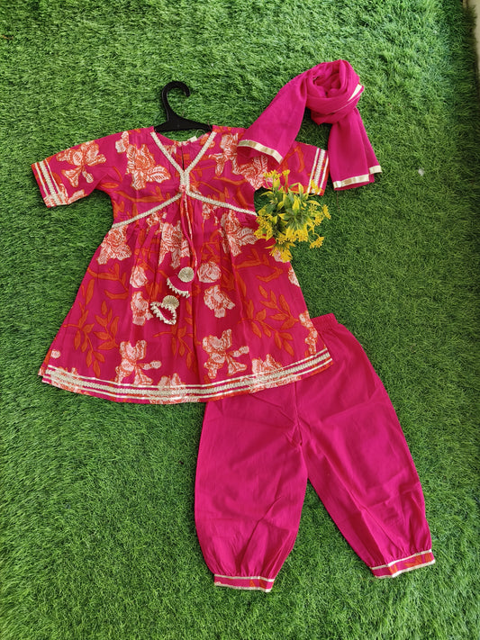 Bold Pink and Red Mix Printed Kurti and Plain Pant Outfit with Dupatta for Girl