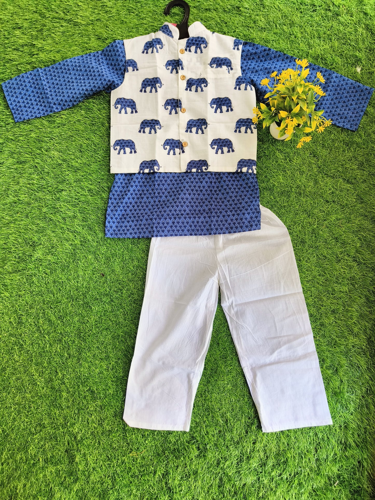Safari Navy Elephant Printed Nehru Jacket with Printed Kurta Outfit Set for Boy