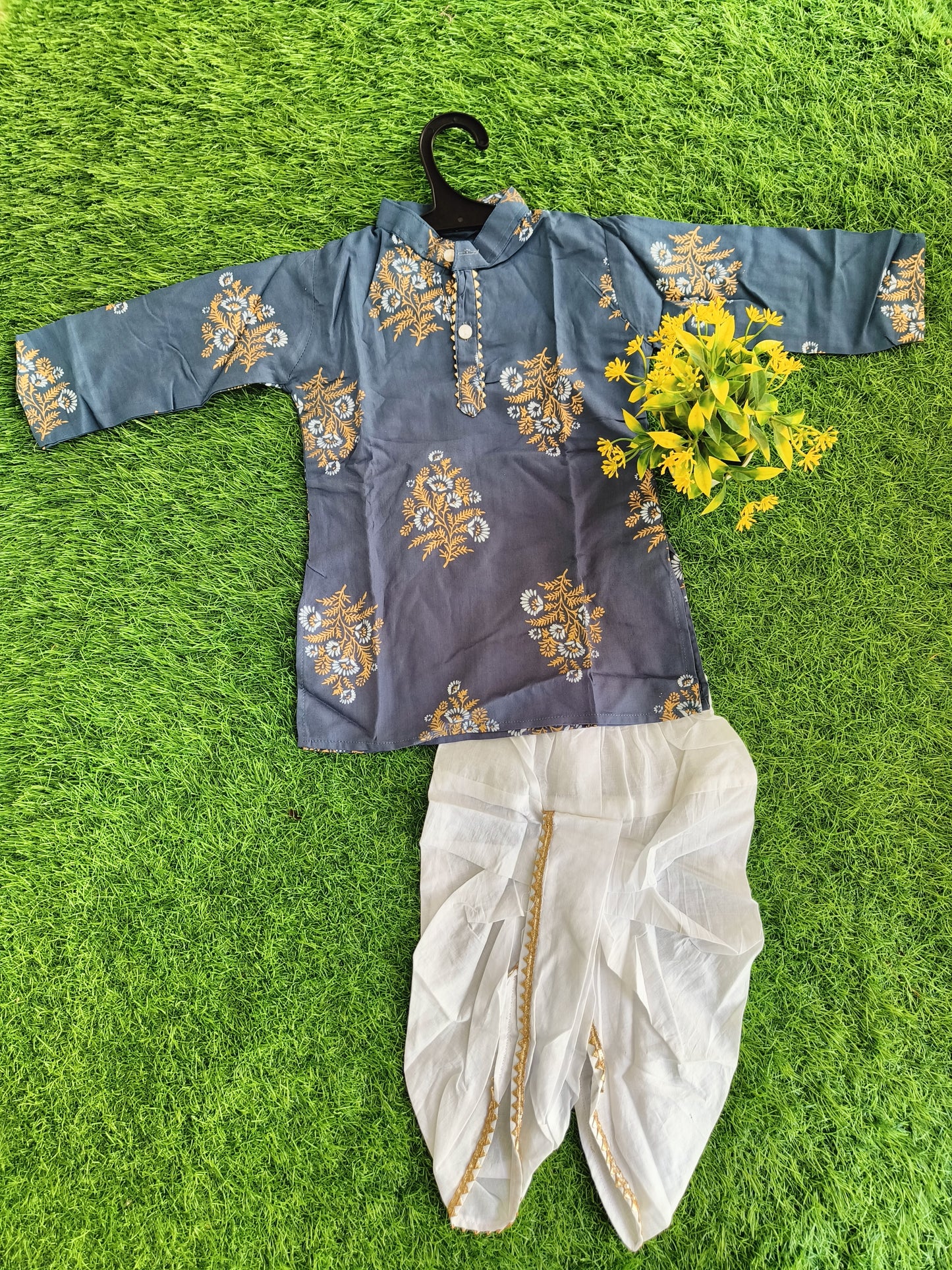 Gloss Gray Flower Printed Cotton Dhoti Kurta Outfit Set for Boy