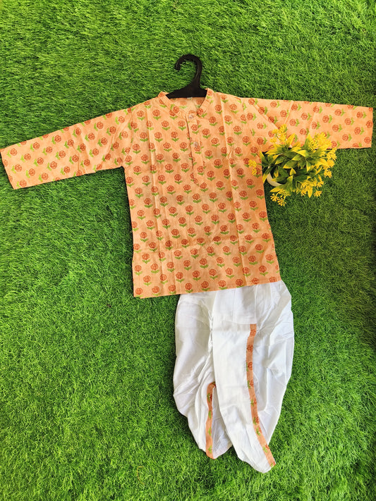 Denver Light Orange Printed Cotton Dhoti Kurta Outfit Set for Boy