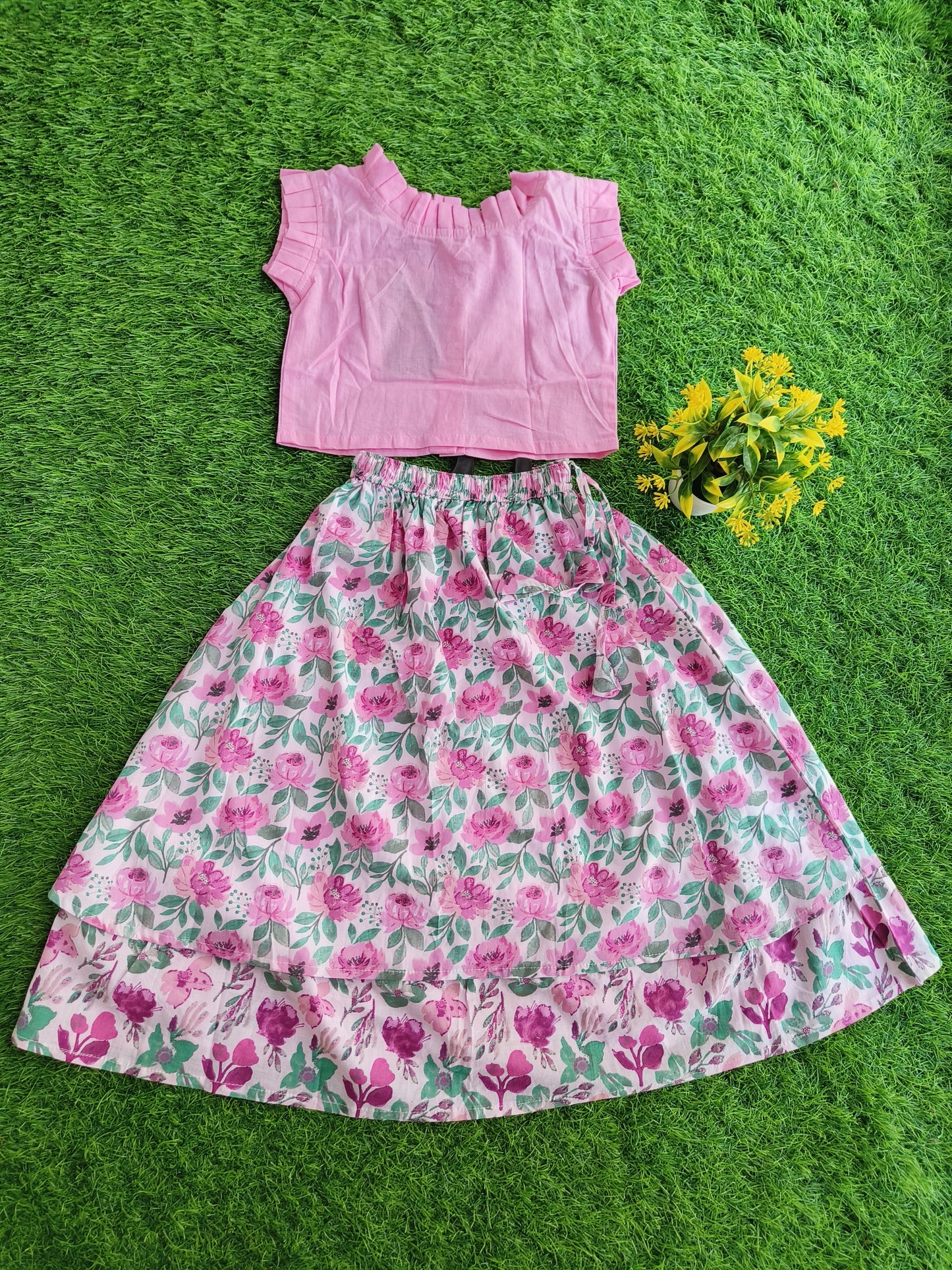 Classic Plain Pink Kurti and Rose Flower Printed Lehenga Outfit for Girl