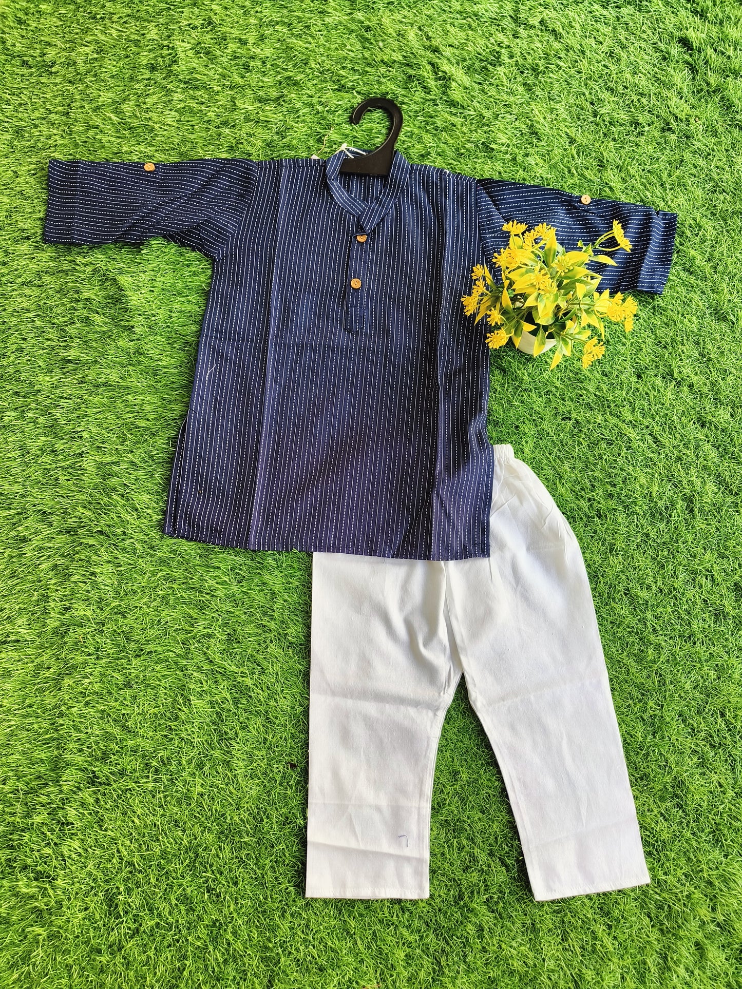 Navy Blue Linen Printed Cotton Kurta Pajama Outfit Set for Boy