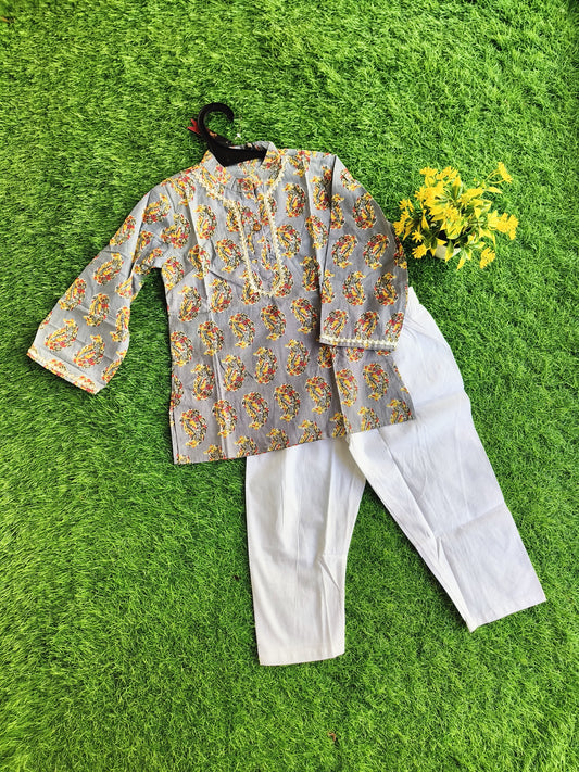 Golden Light Flower Printed Cotton Kurta Pajama Outfit Set for Boy