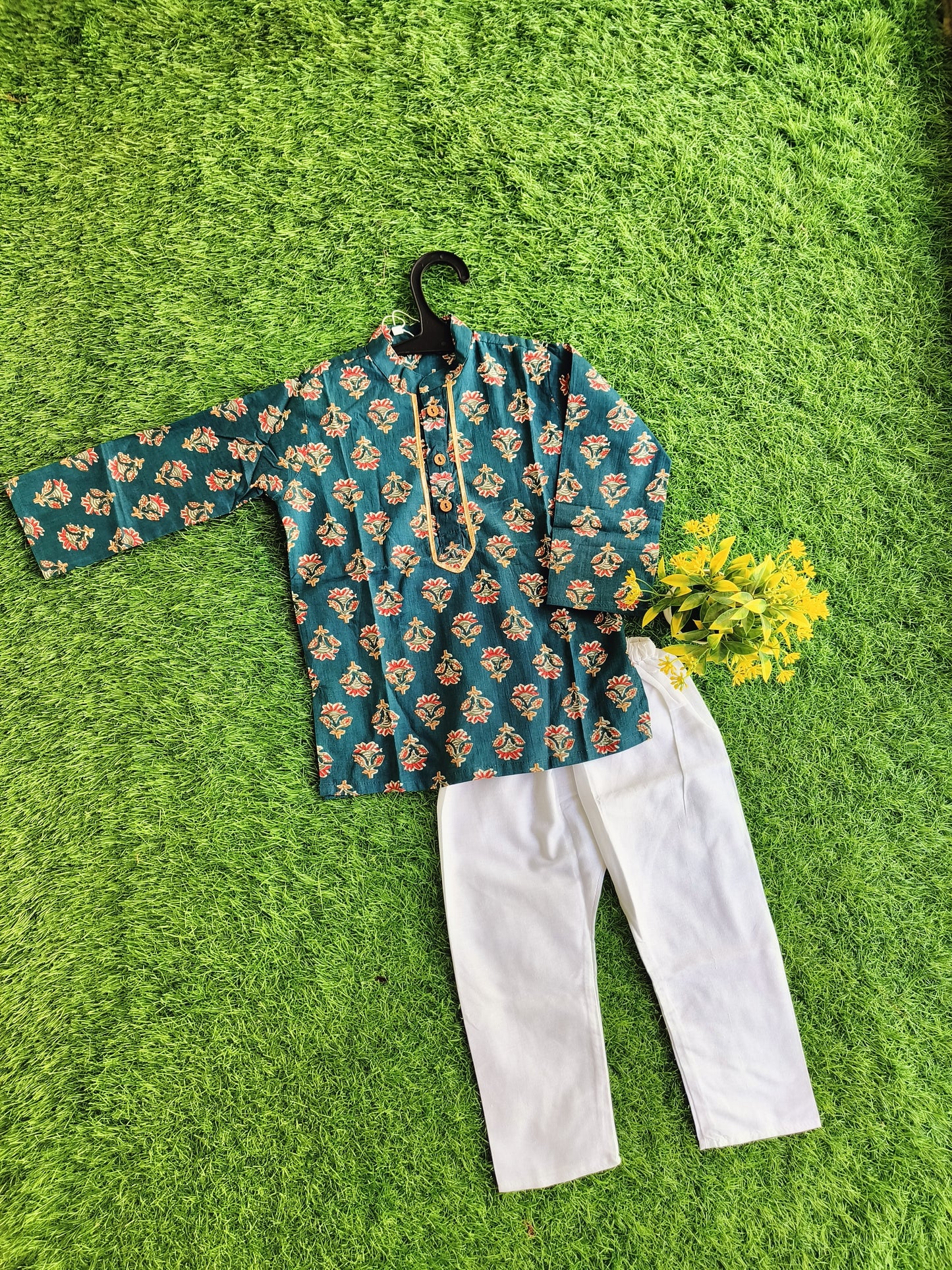 Antique Bloom Flower Printed Cotton Kurta Pajama Outfit Set for Boy