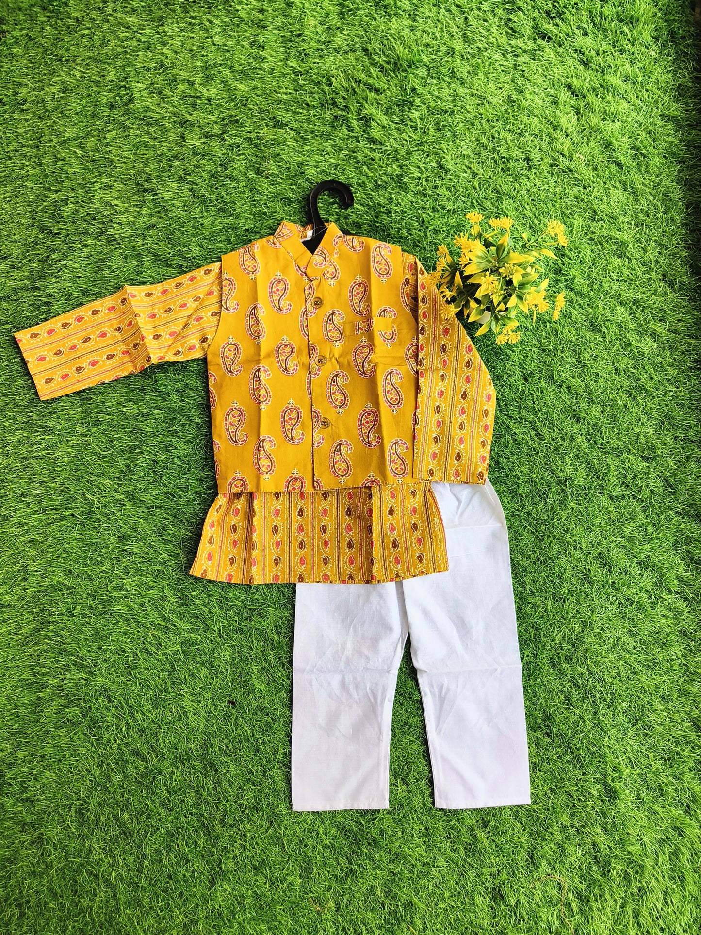 Kerry Yellowish Flower Printed Nehru Jacket with Linen Kurta Outfit Set for Boy