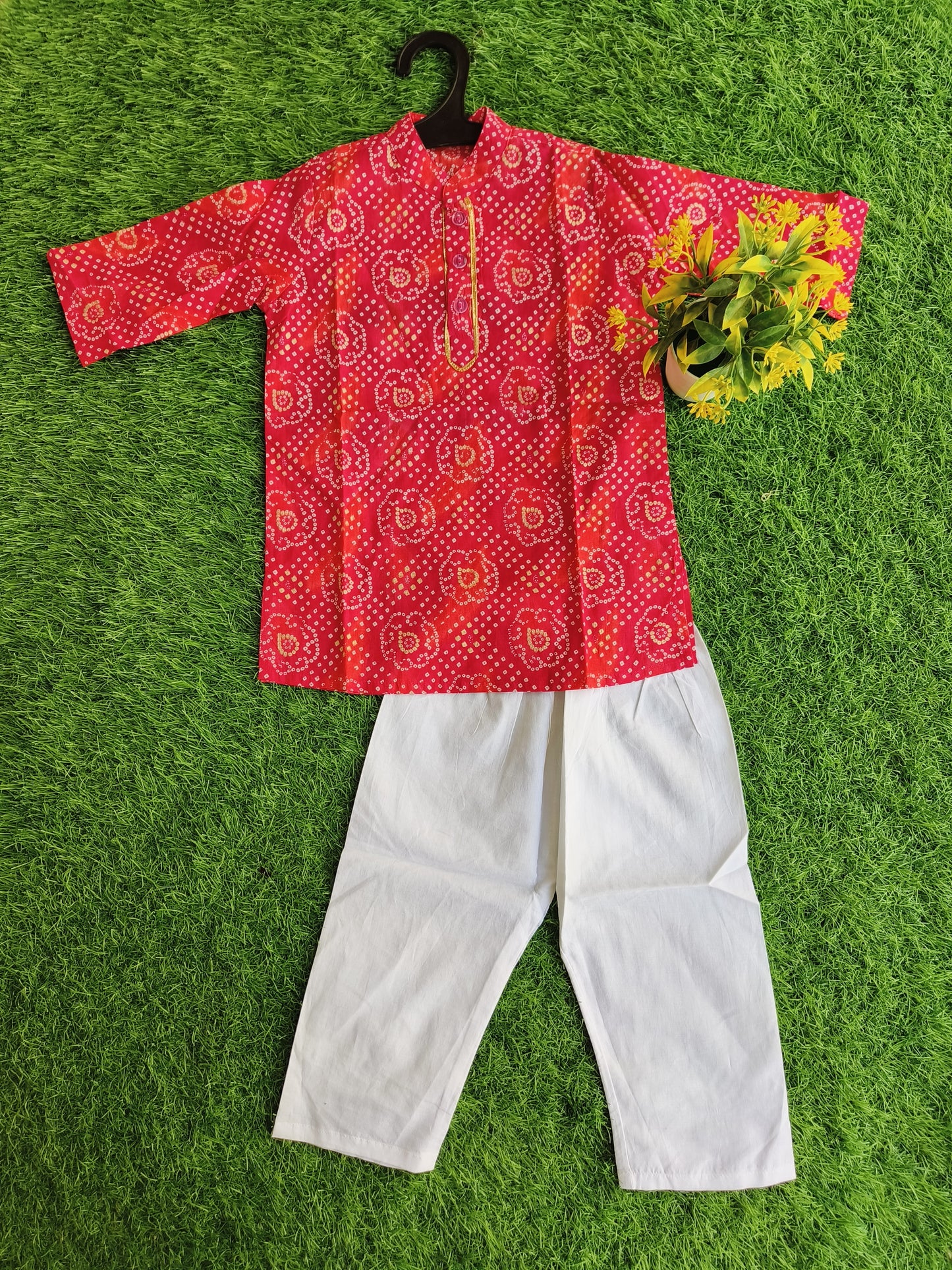 Glossy Reddish Printed Cotton Kurta Pajama Outfit Set for Boy