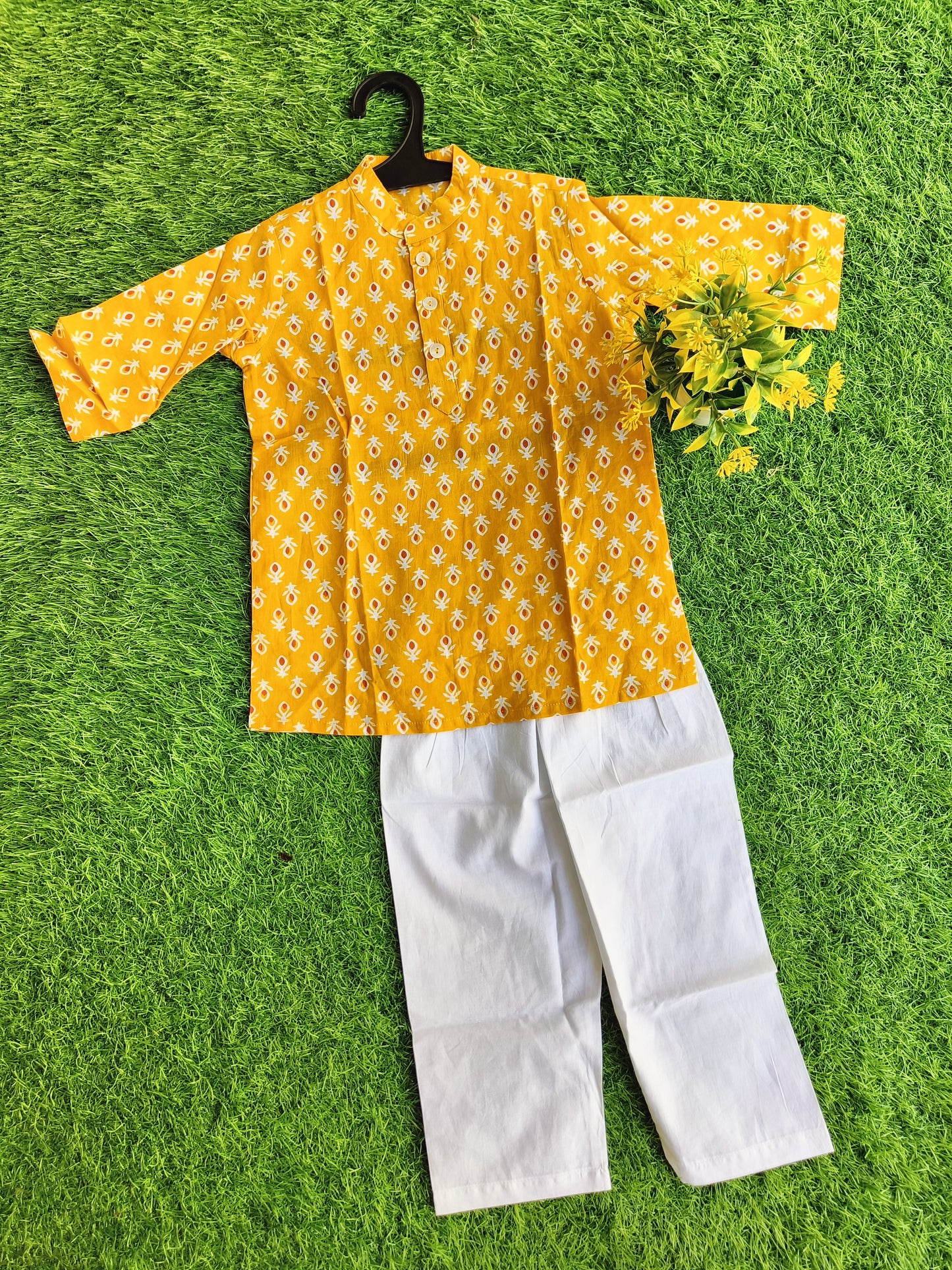 Glossy Yellowish Printed Cotton Kurta Pajama Outfit Set for Boy