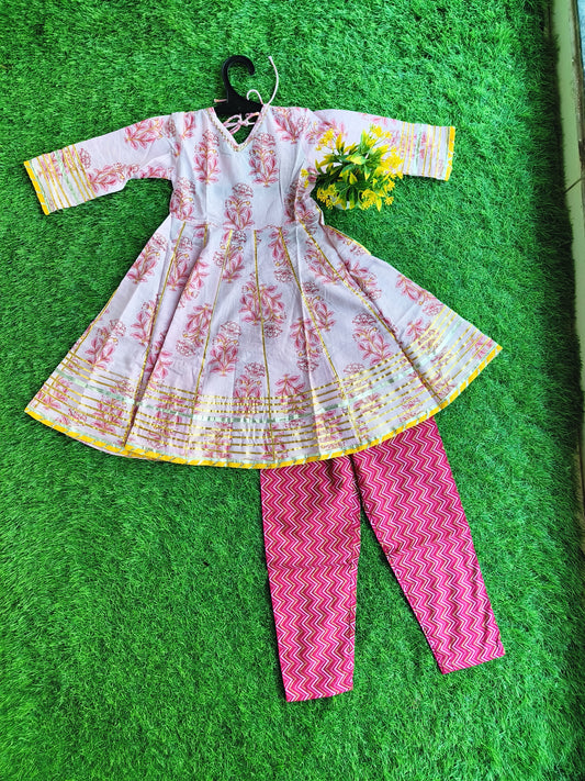 Whitten Glossy Flowered Printed Kurti and Linen Pink Pant Outfit for Girl