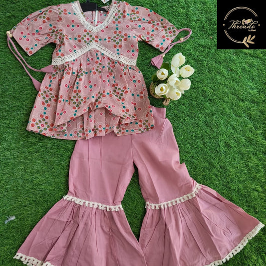 Neo Light Pink Cotton Sharara Outfit Set for Girl