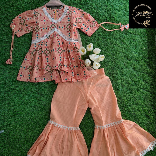 Peach Color Dot Printed Cotton Sharara Outfit Set for Girl